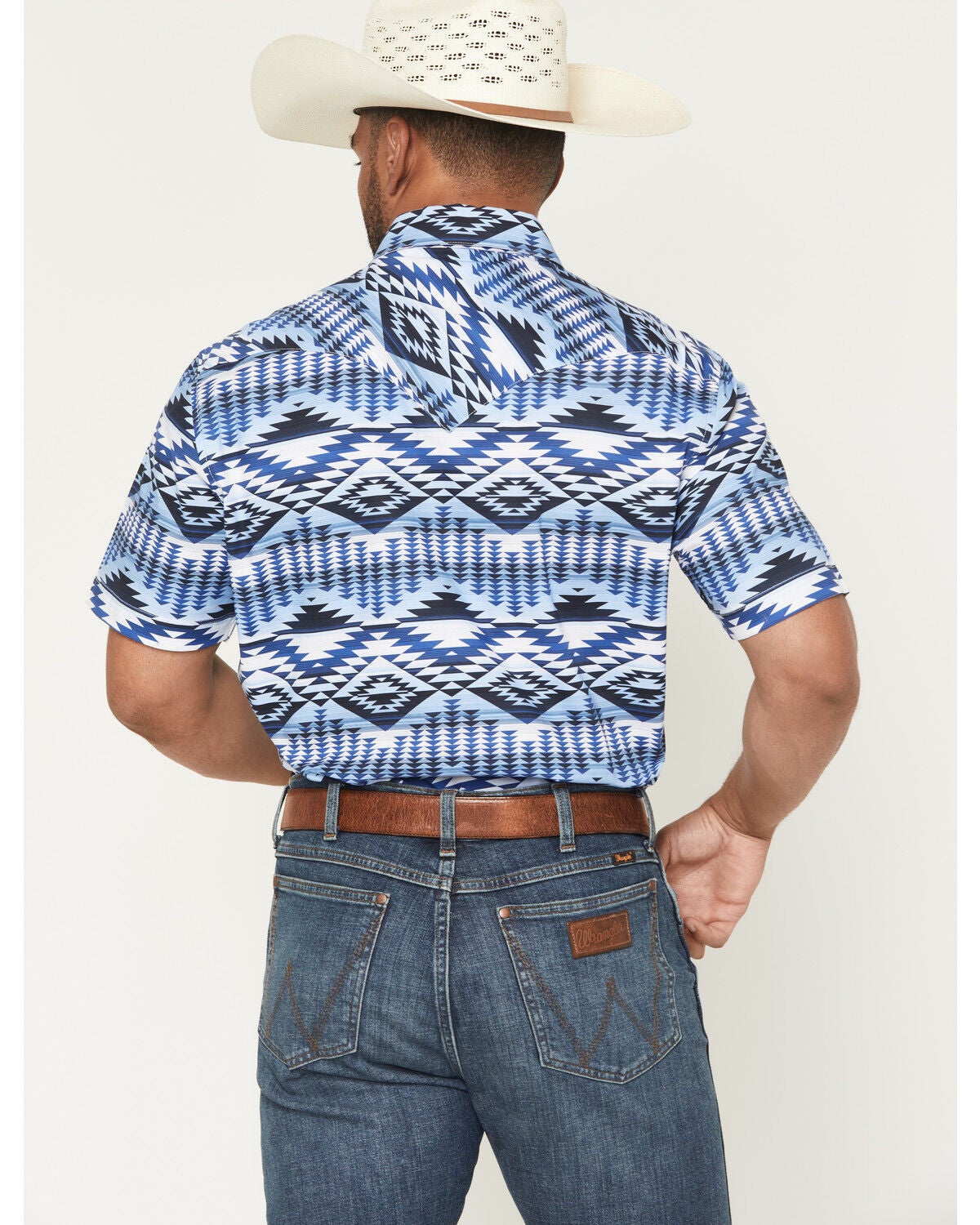 Image #4 - Rock & Roll Denim Men's Southwestern Print Short Sleeve Snap Stretch Western Shirt, Blue, hi-res