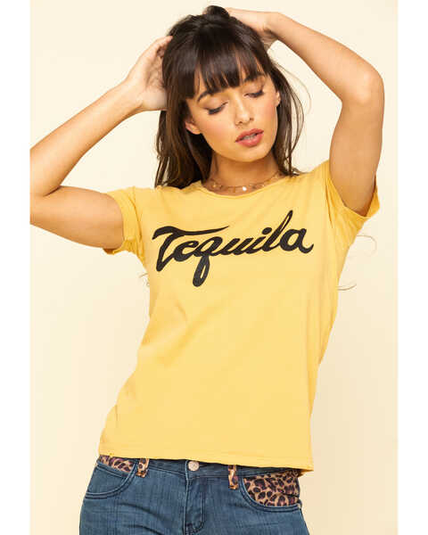 Image #1 - Bandit Brand Women's Mustard Tequila Graphic Short Sleeve Tee , Dark Yellow, hi-res