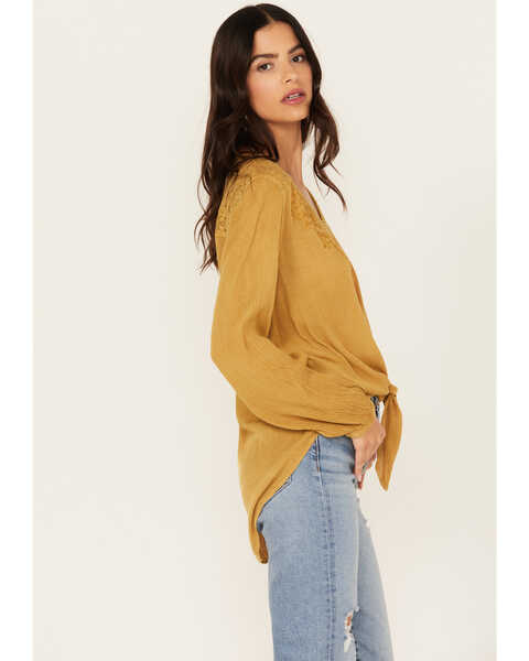 Image #2 - Nostalgia Women's Embroidered Tie Front Long Sleeve Top, Mustard, hi-res