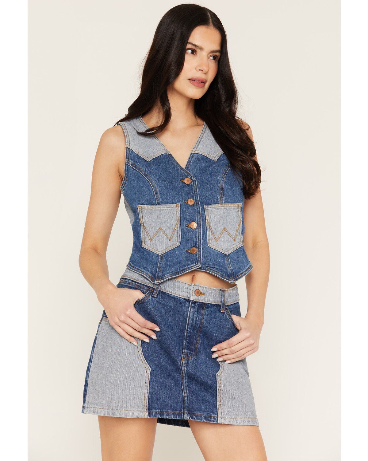 Wrangler Women's Two Tone Sleeveless Button-Down Denim Vest, Blue, hi-res