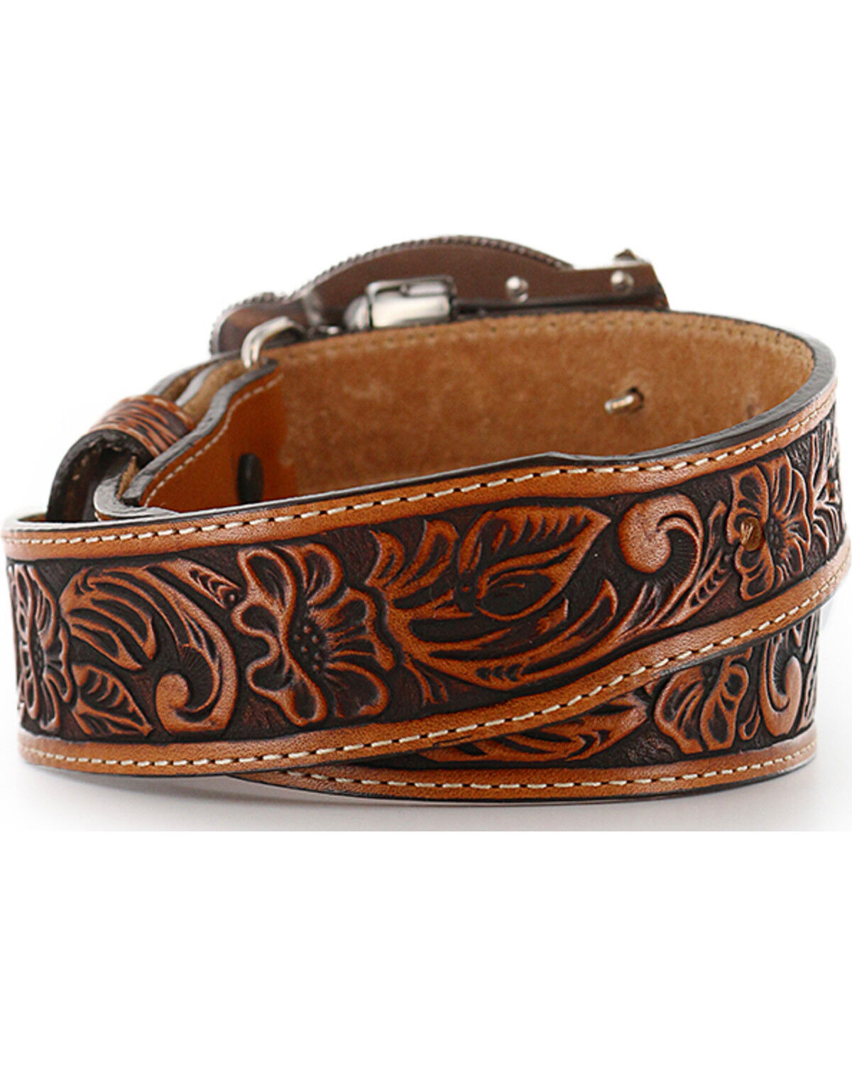 Image #3 - Justin Boys' Tooled 3D Buckle Leather Belt, Brown, hi-res