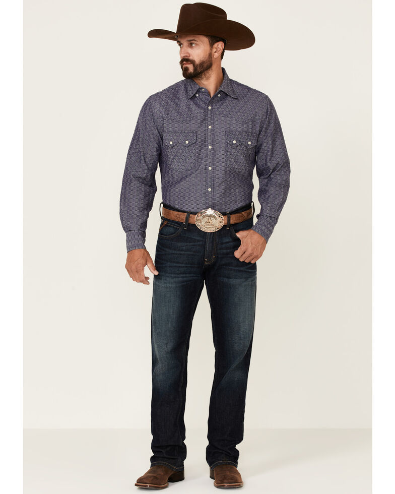 Resistol Men's Rockton Dobby Geo Print Long Sleeve Snap Western Shirt , Blue, hi-res