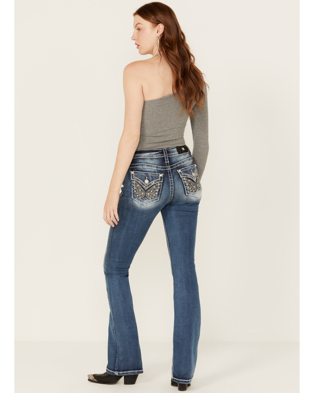 Image #1 - Miss Me Women's Medium Wash Mid Rise Wing Pocket Stretch Bootcut Jeans, Medium Wash, hi-res