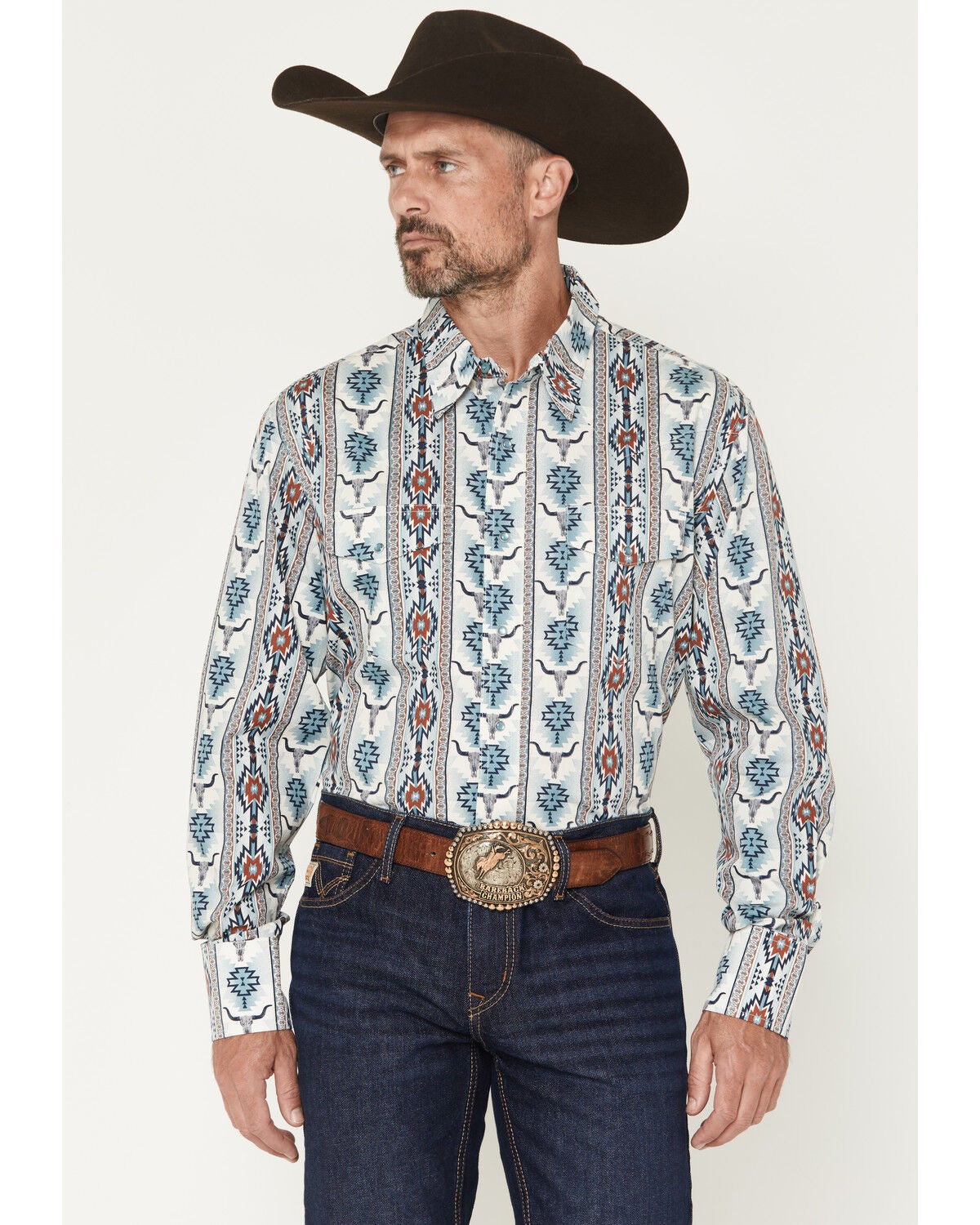 Wrangler Men's Checotah Southwestern Striped Long Sleeve Pearl Snap Western Shirt - Tall, Blue, hi-res