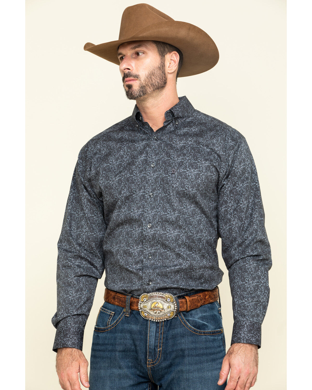 Image #1 - Tuf Cooper Men's Black Stretch Paisley Poplin Print Long Sleeve Western Shirt, Charcoal, hi-res
