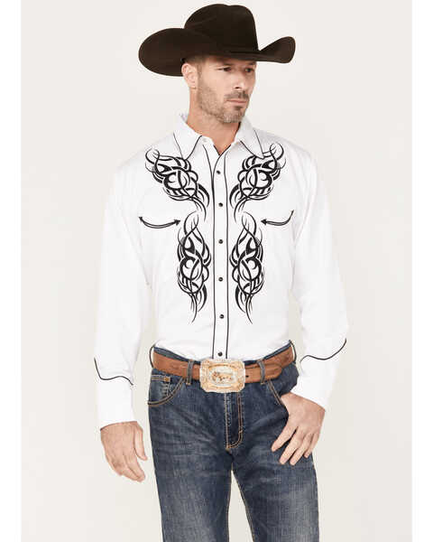 Image #1 - Scully Men's Embroidered Long Sleeve Snap Western Shirt, White, hi-res