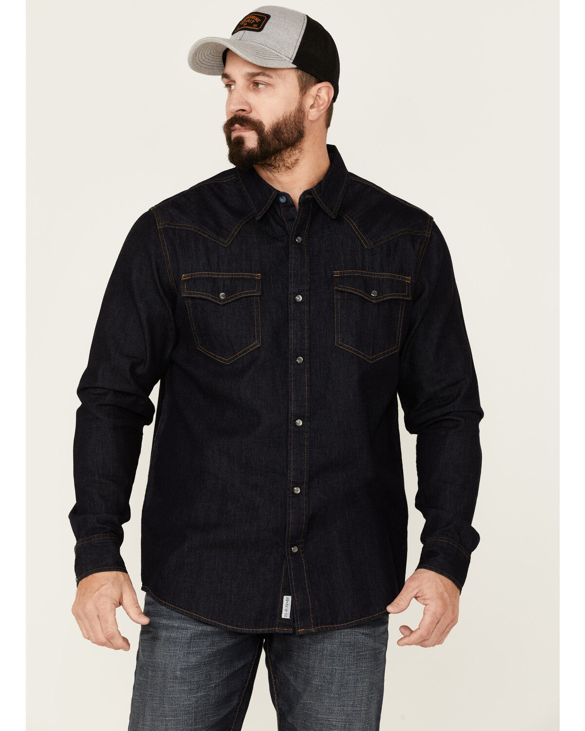 Image #1 - Moonshine Spirit Men's Dark Wash Retro Long Sleeve Snap Western Denim Shirt, Dark Wash, hi-res