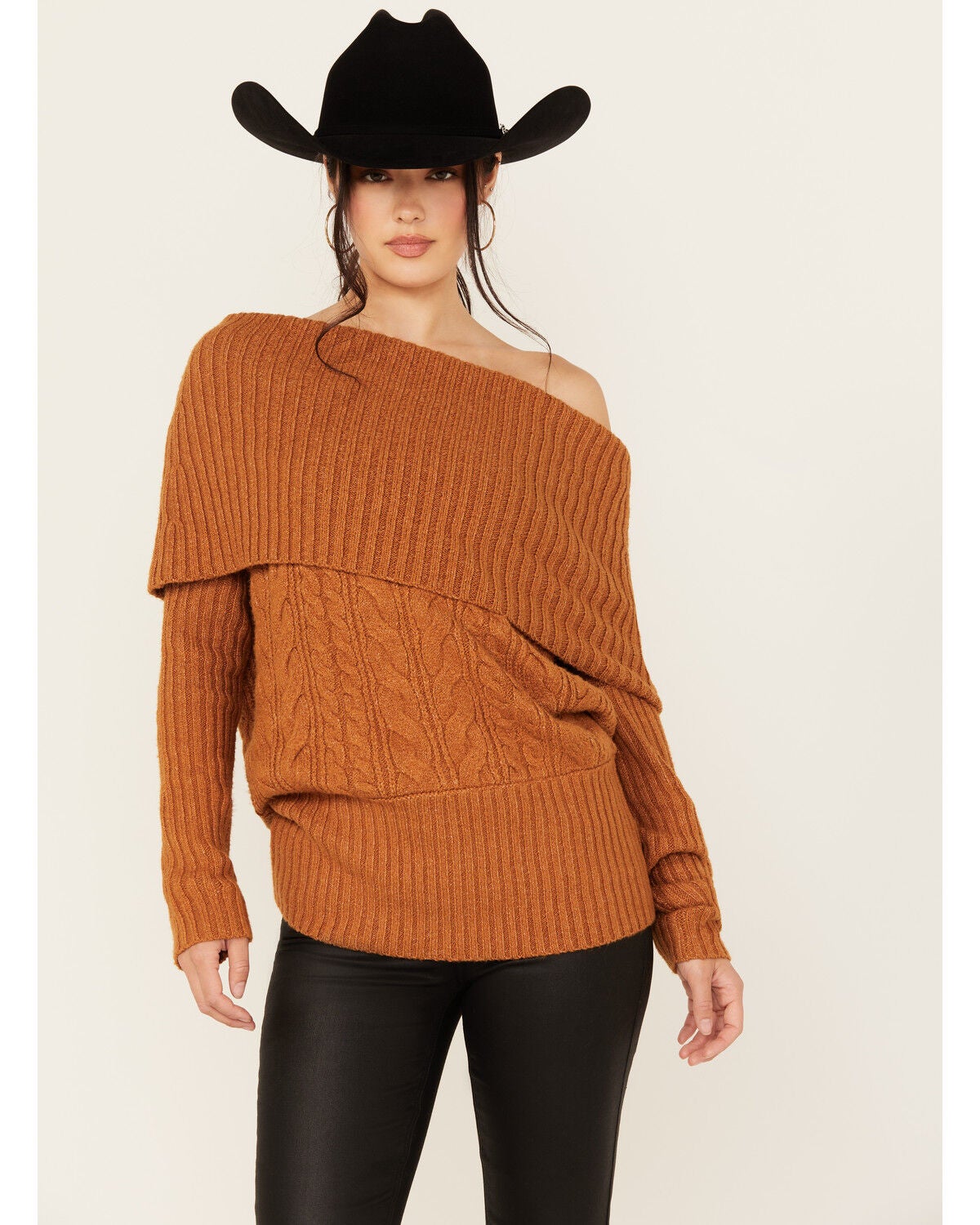 Shyanne Women's Off The Shoulder Cable Knit Sweater, Gold, hi-res