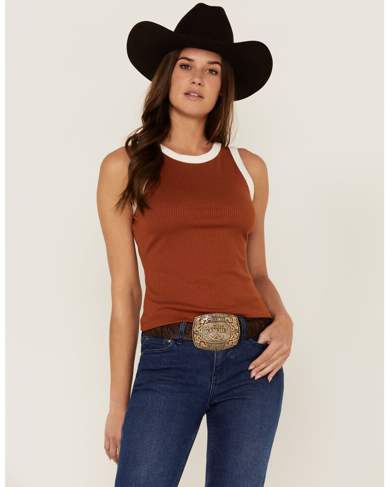Rank 45 Women's Ribbed Rust Contrast High Neck Tank, Rust Copper, hi-res