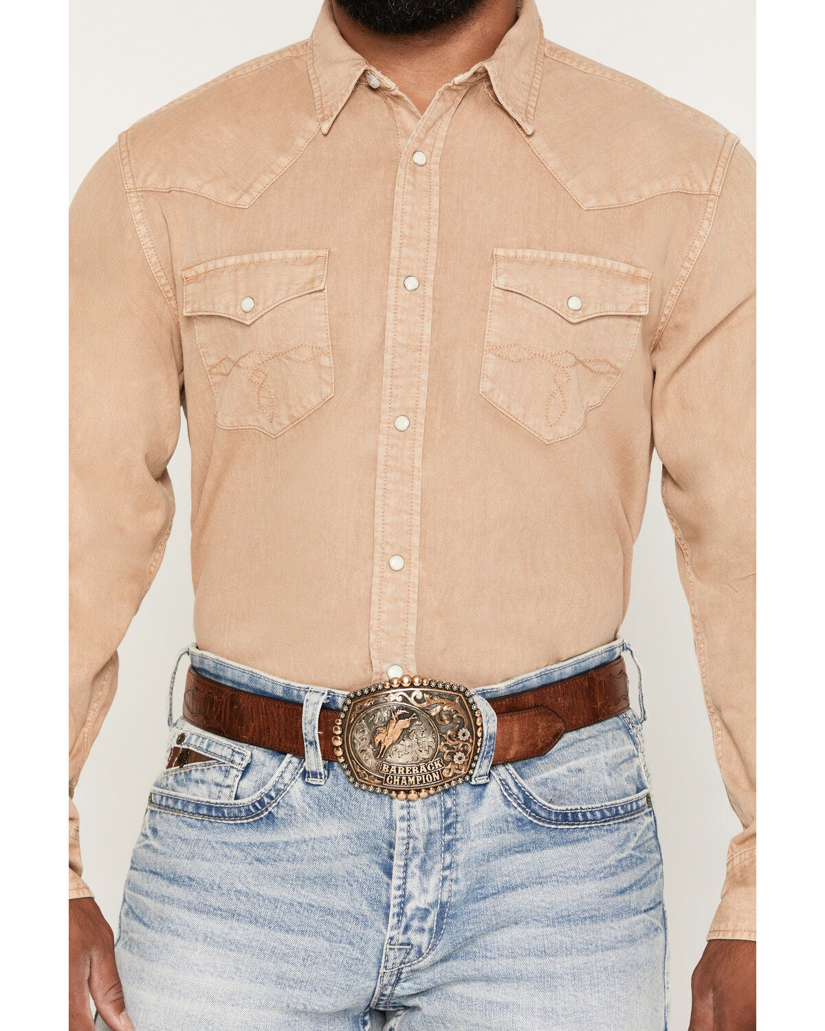 Image #3 - Cody James Men's Solid Long Sleeve Snap Denim Western Shirt, Tan, hi-res
