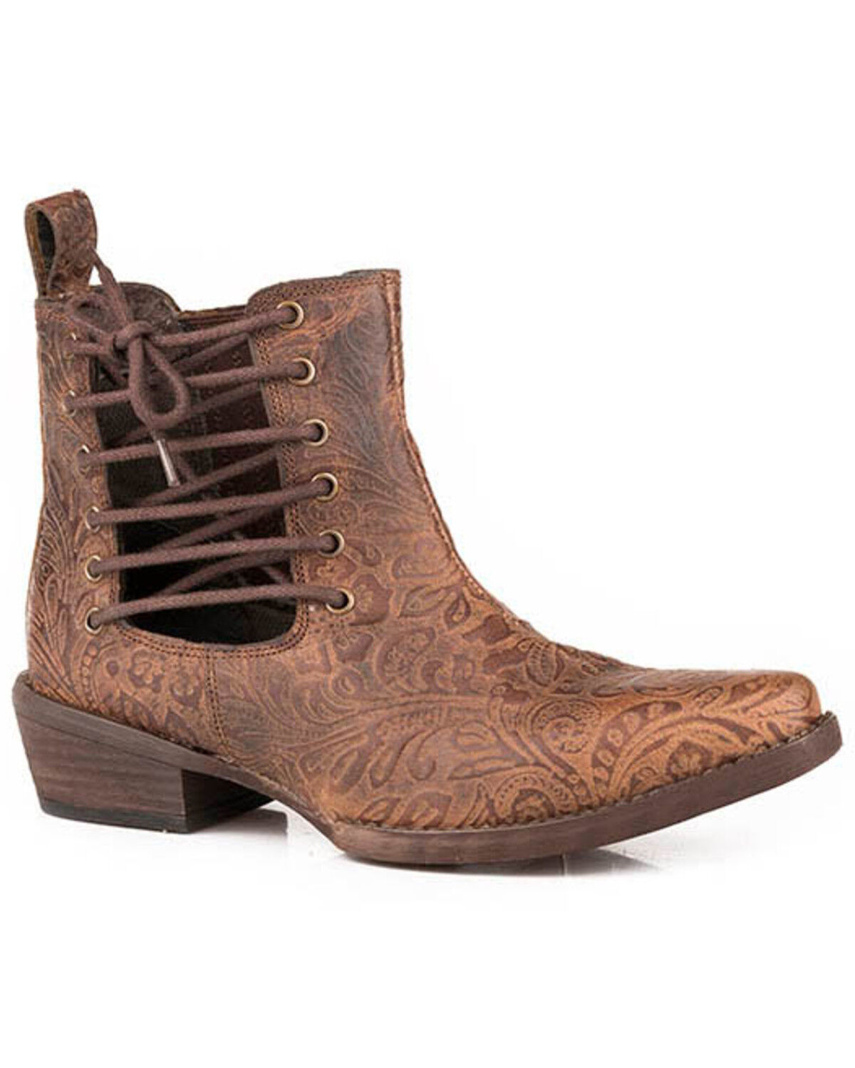 Image #1 - Roper Women's Trooper Embossed Western Booties - Snip Toe, Brown, hi-res