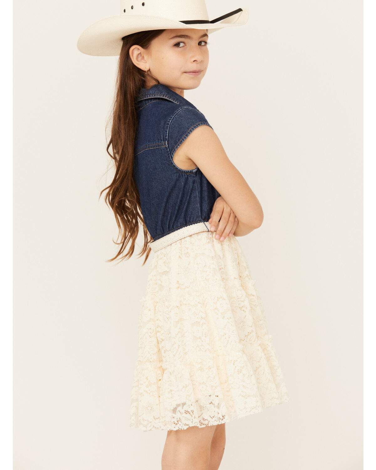 Image #2 - Sugar California Girls' Belted Denim Lace Mini Dress, Cream, hi-res