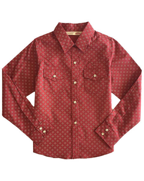 Image #1 - Cumberland Outfitters Girls' Mini Bandana Print Snap Long Sleeve Western Shirt, Burgundy, hi-res