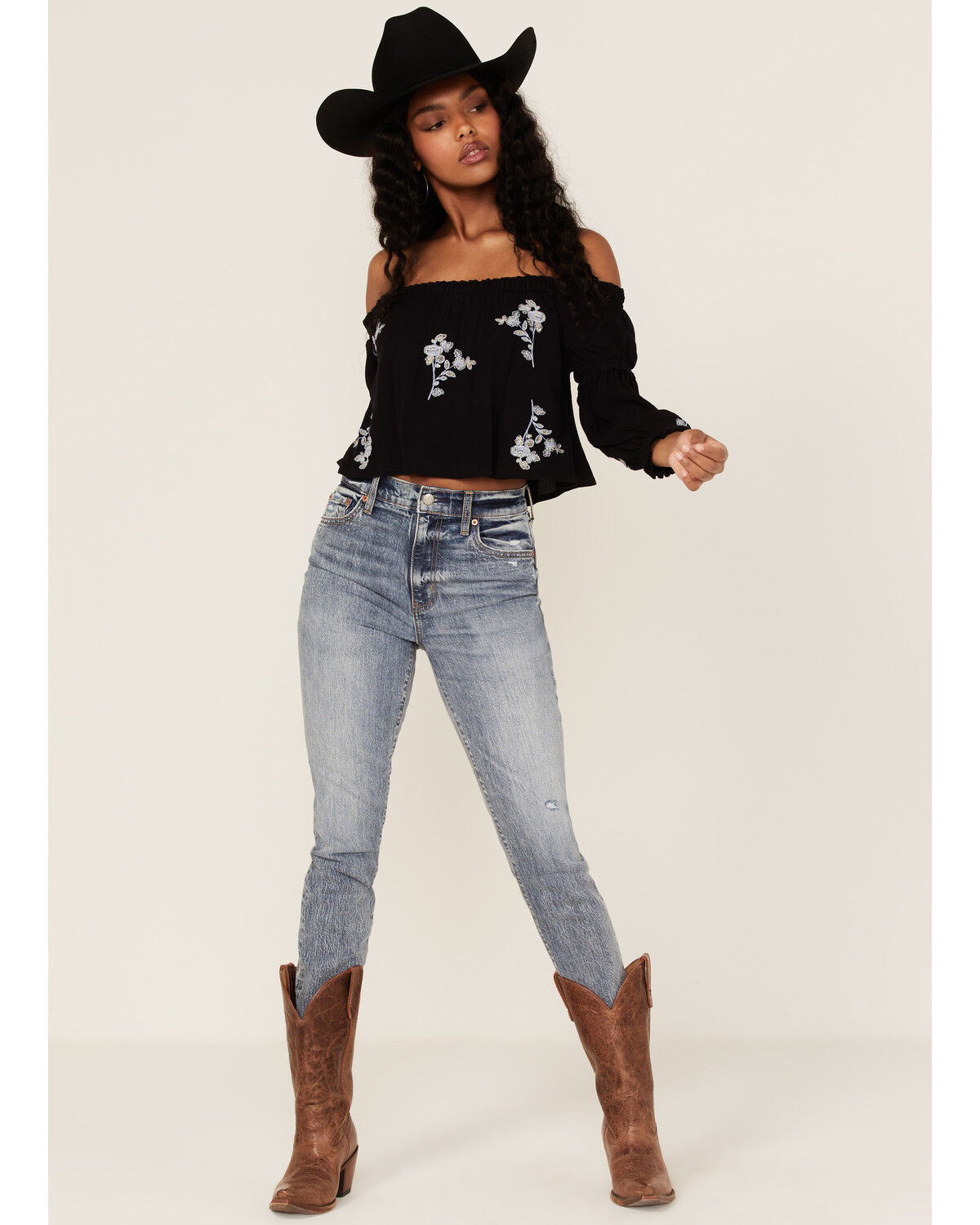 Image #2 - Shyanne Women's Floral Embroidered Off-Shoulder Crop Top, Black, hi-res