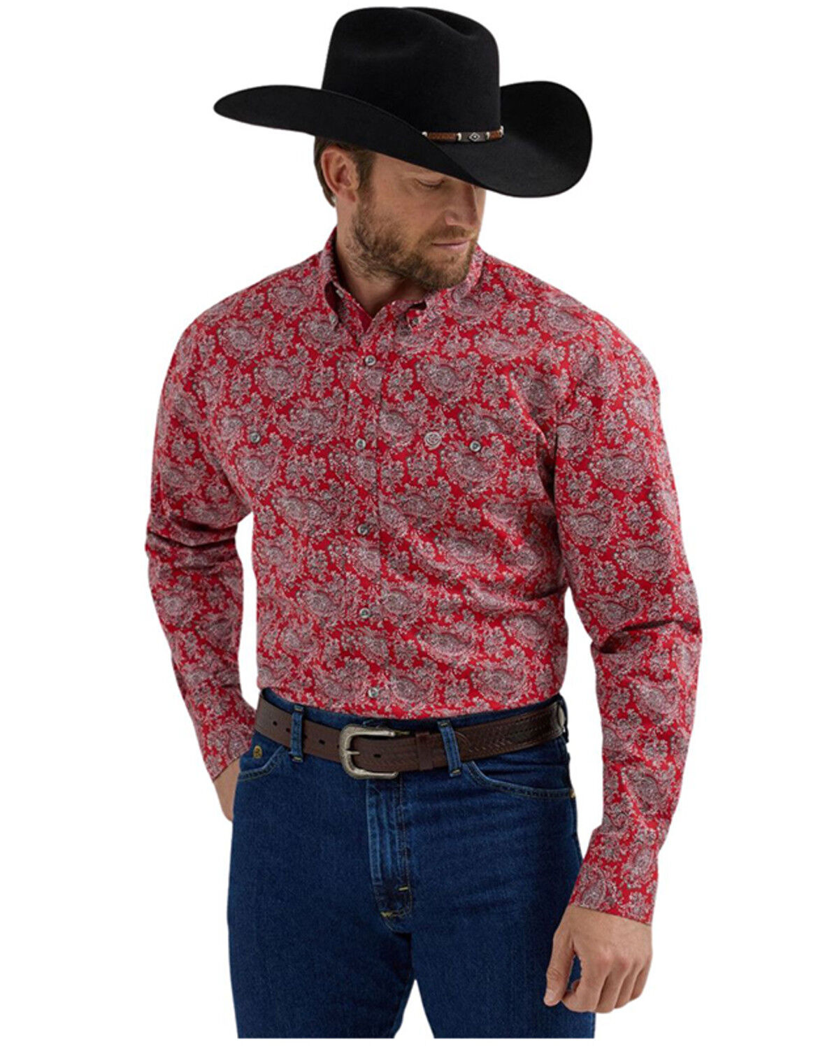 Image #1 - George Strait by Wrangler Men's Paisley Print Long Sleeve Button-Down Stretch Western Shirt, Red, hi-res