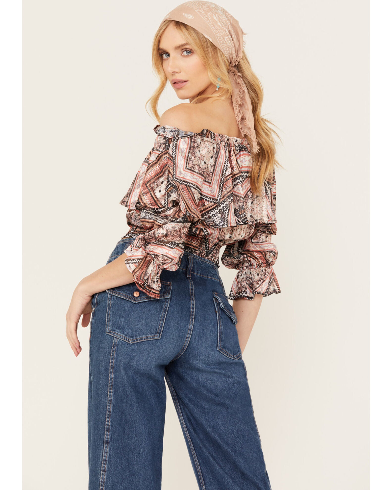 Shiny Ciffon With Lace Off Shoulder Top-Taupe