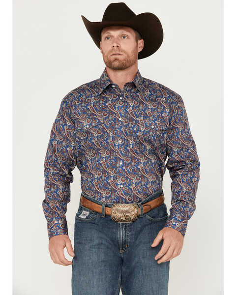 Roper Men's Amarillo Paisley Print Long Sleeve Snap Western Shirt, Blue, hi-res
