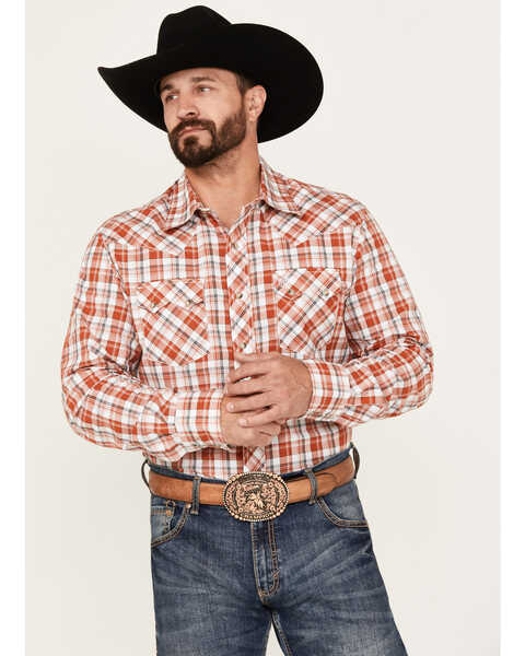 Image #1 - Wrangler Retro Men's Plaid Print Long Sleeve Snap Western Shirt, Orange, hi-res