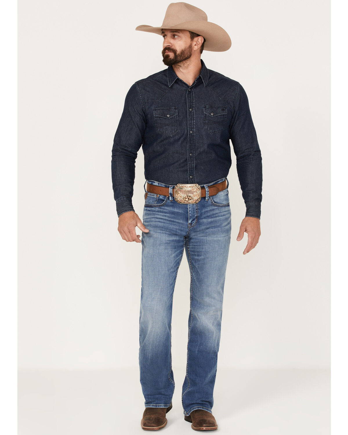 Image #1 - Moonshine Spirit Men's Good Times Wash Stretch Slim Bootcut Jeans, Medium Wash, hi-res