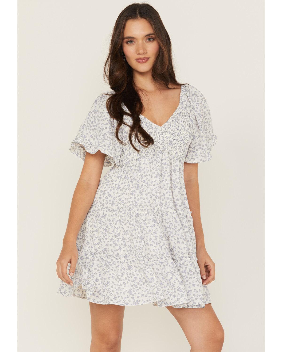 Image #2 - Yura Women's Floral Print Short Sleeve Tiered Mini Dress, Blue, hi-res