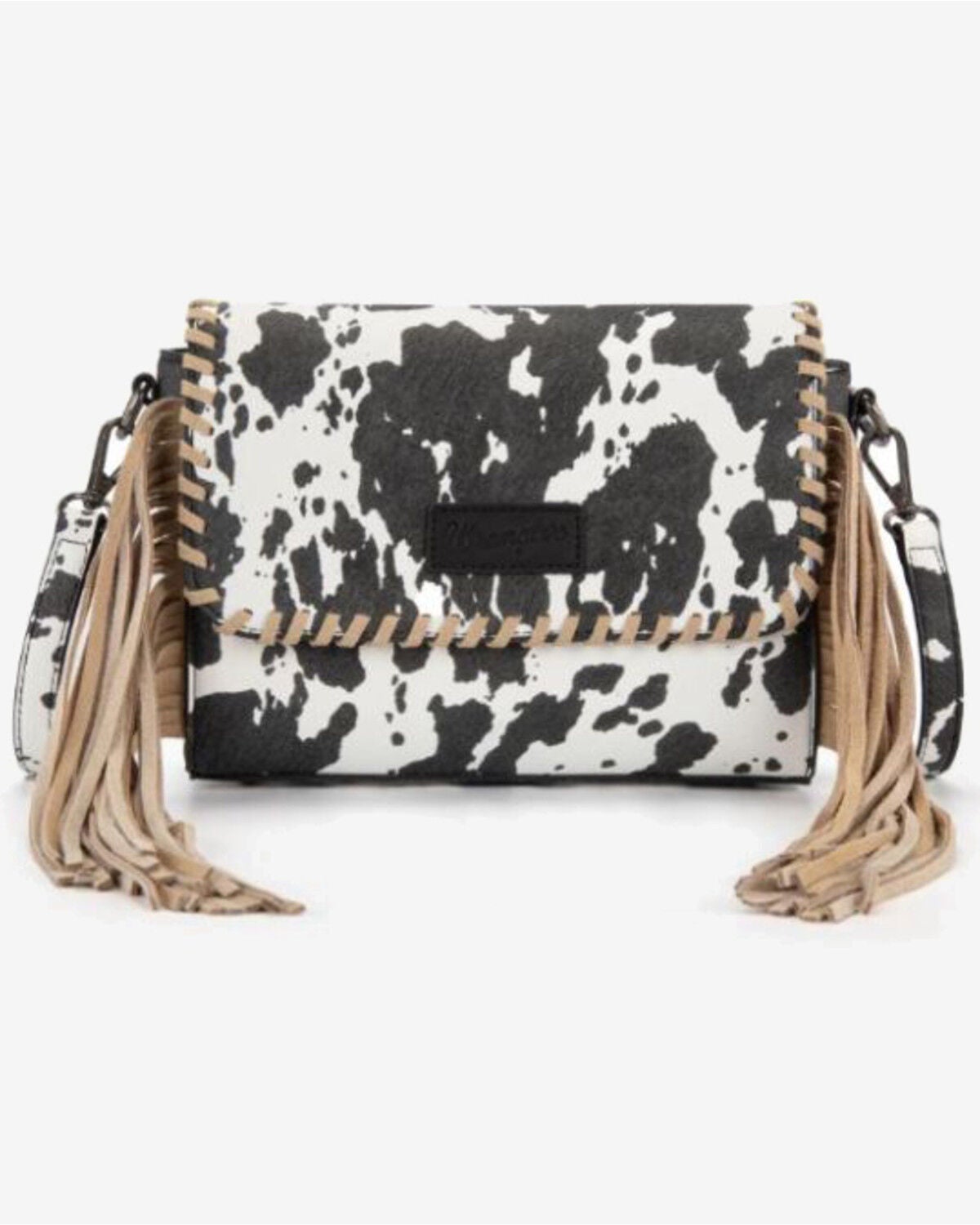Wrangler Women's Cow Print Fringe Crossbody Bag, Black, hi-res