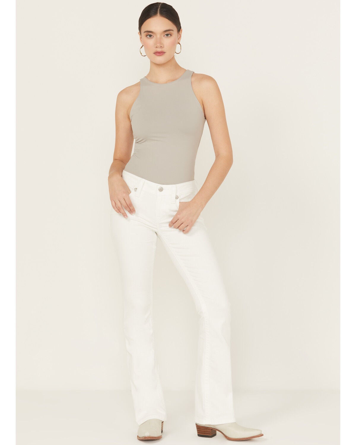 Image #3 - Miss Me Women's Mid Rise Wing Pocket 32" Bootcut Stretch Denim Jeans, White, hi-res