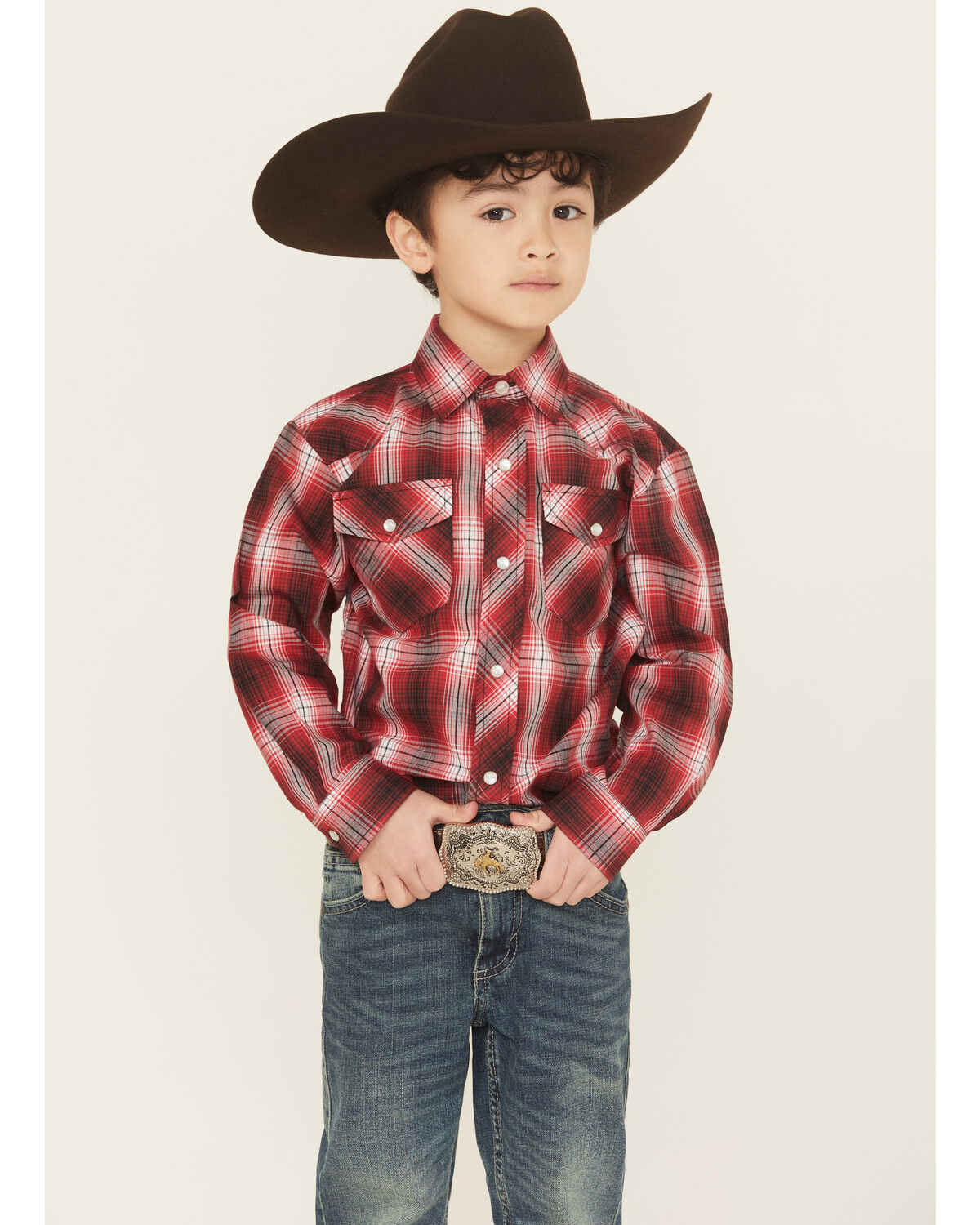 Image #1 - Roper Boys' Plaid Print Long Sleeve Pearl Snap Western Shirt, Red, hi-res