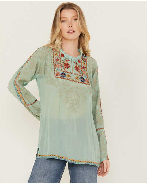 Image #1 - Johnny Was Women's Floral Embroidered Long Sleeve Shirt , Teal, hi-res