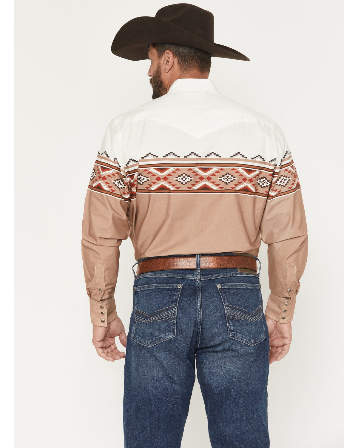 Image #4 - Rodeo Clothing Men's Southwestern Border Print Long Sleeve Snap Western Shirt, Camel, hi-res