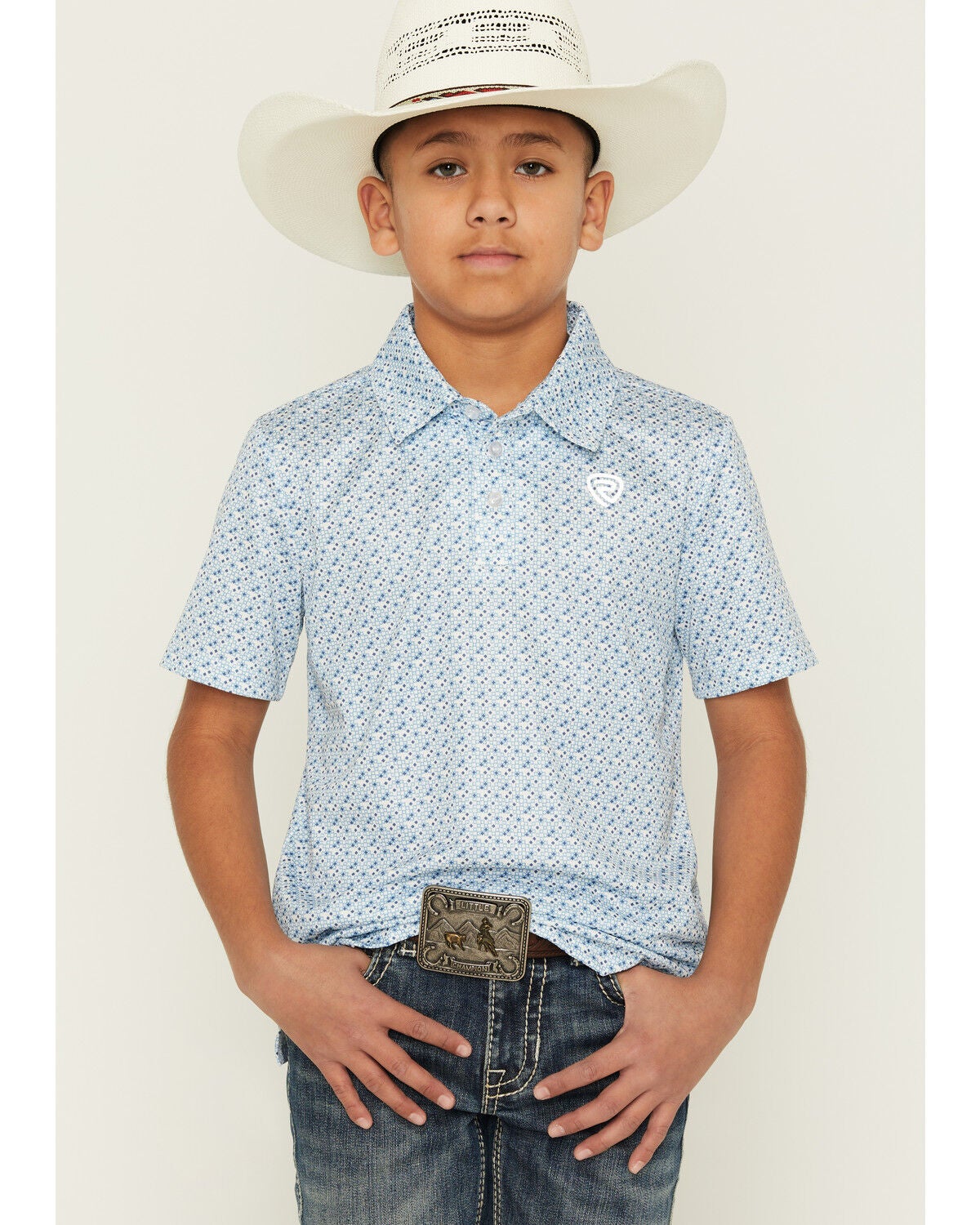 Image #1 - Rock & Roll Denim Boys' Geo Print Short Sleeve Button-Down Polo, Blue, hi-res