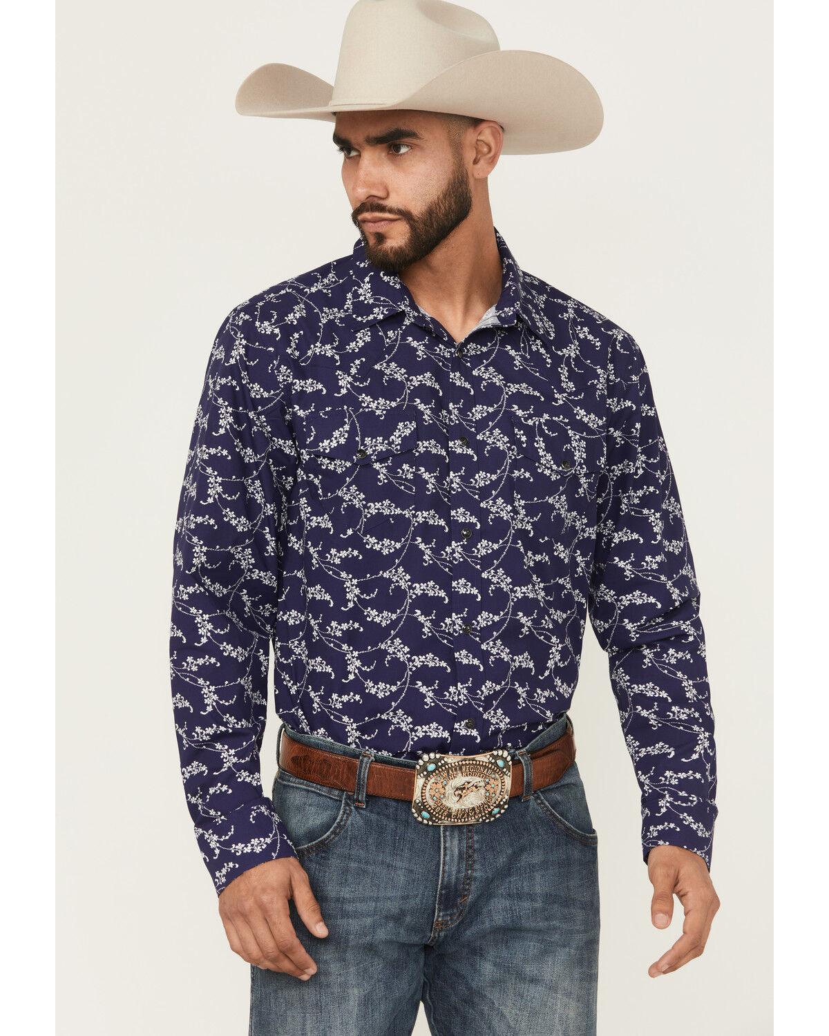 Image #1 - Gibson Trading Co Men's Blossom Floral Print Long Sleeve Snap Western Shirt, Navy, hi-res