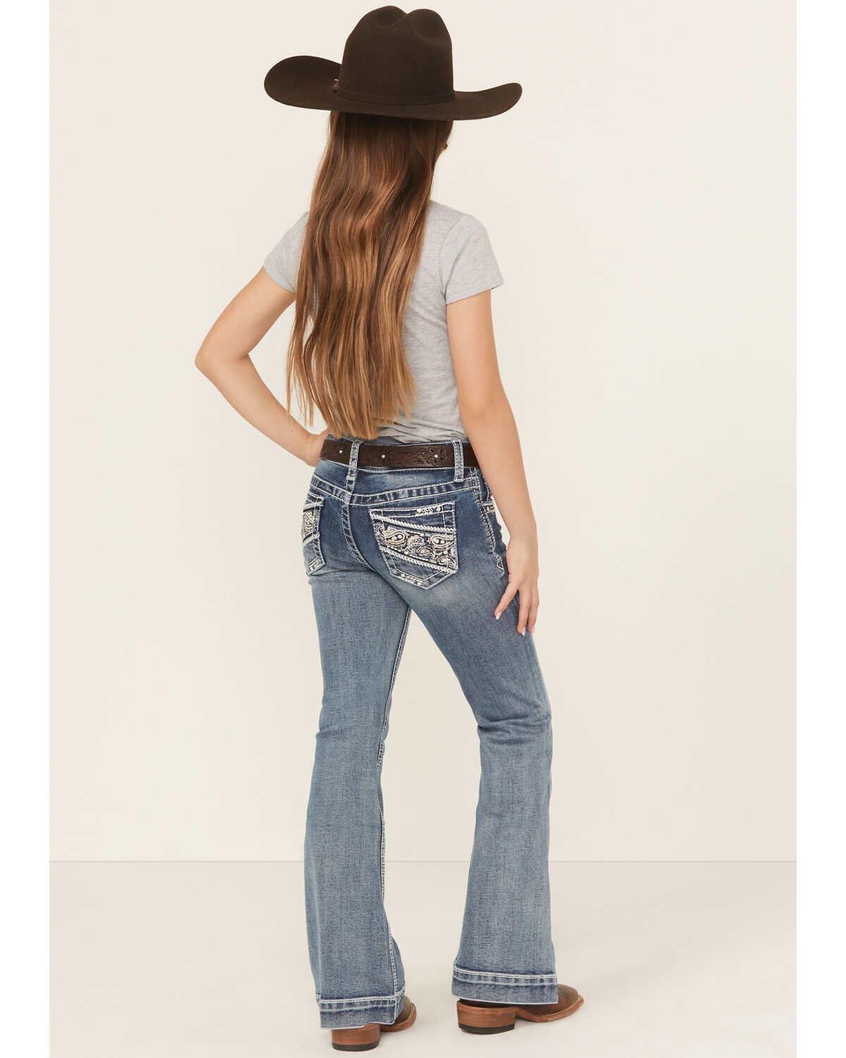 Image #1 - Grace in LA Girls' Medium Wash Paisley Pocket Bootcut Stretch Denim Jeans, Medium Wash, hi-res