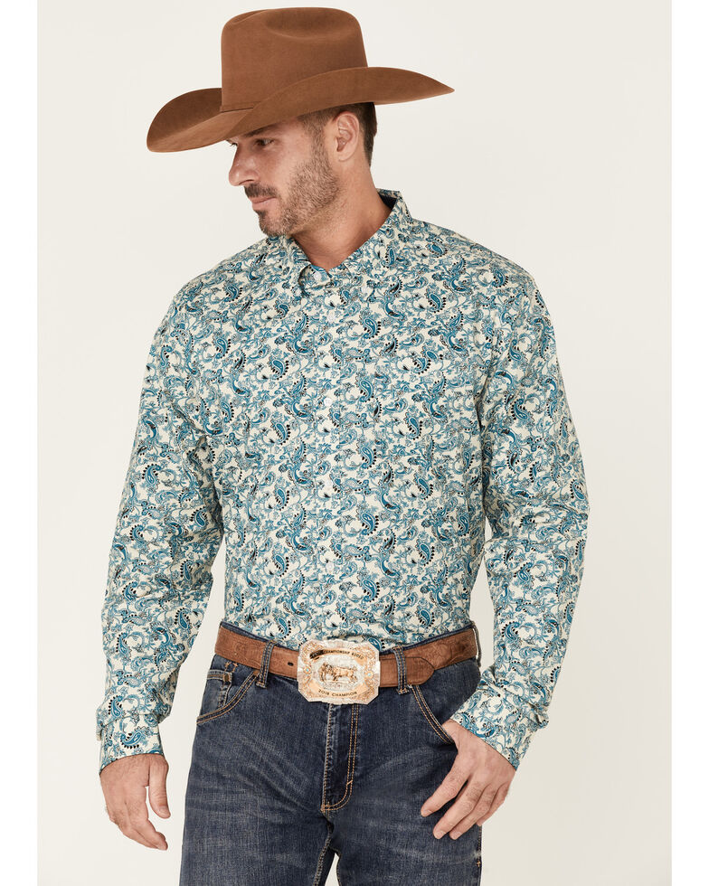 Cody James Core Men's Roper Large Paisley Print Long Sleeve Button-Down Western Shirt , Cream, hi-res