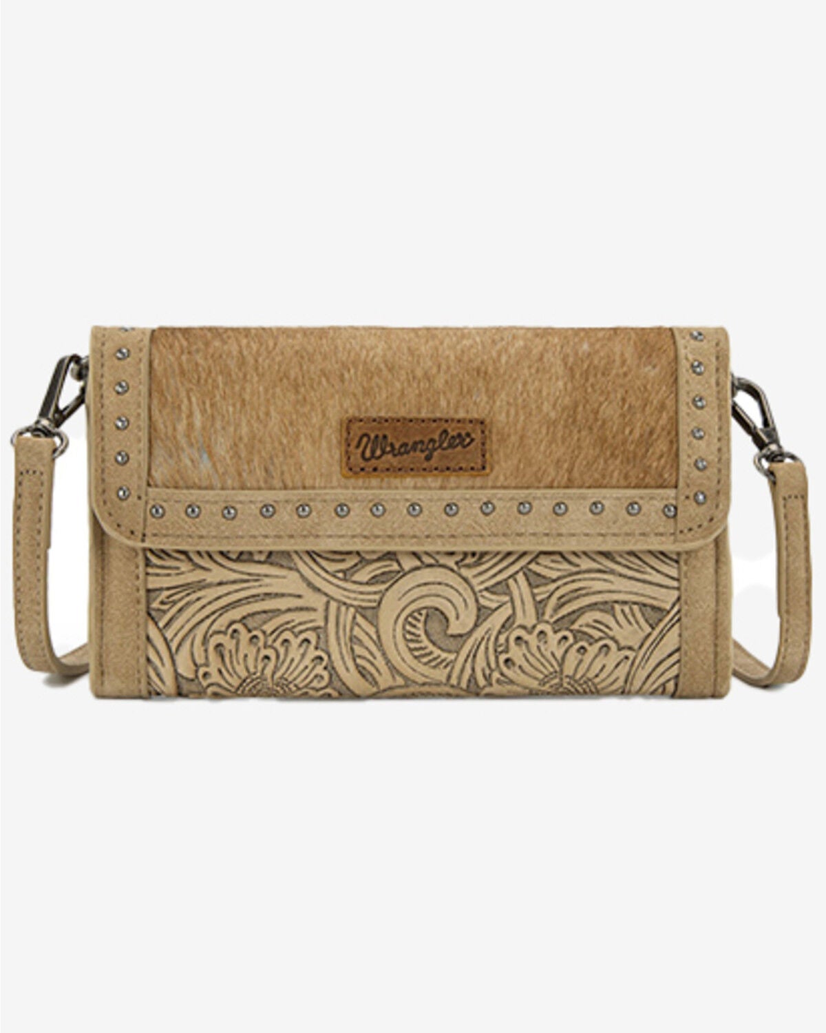 Image #1 - Wrangler Women's Cowhide Embossed Crossbody Wristlet, Tan, hi-res