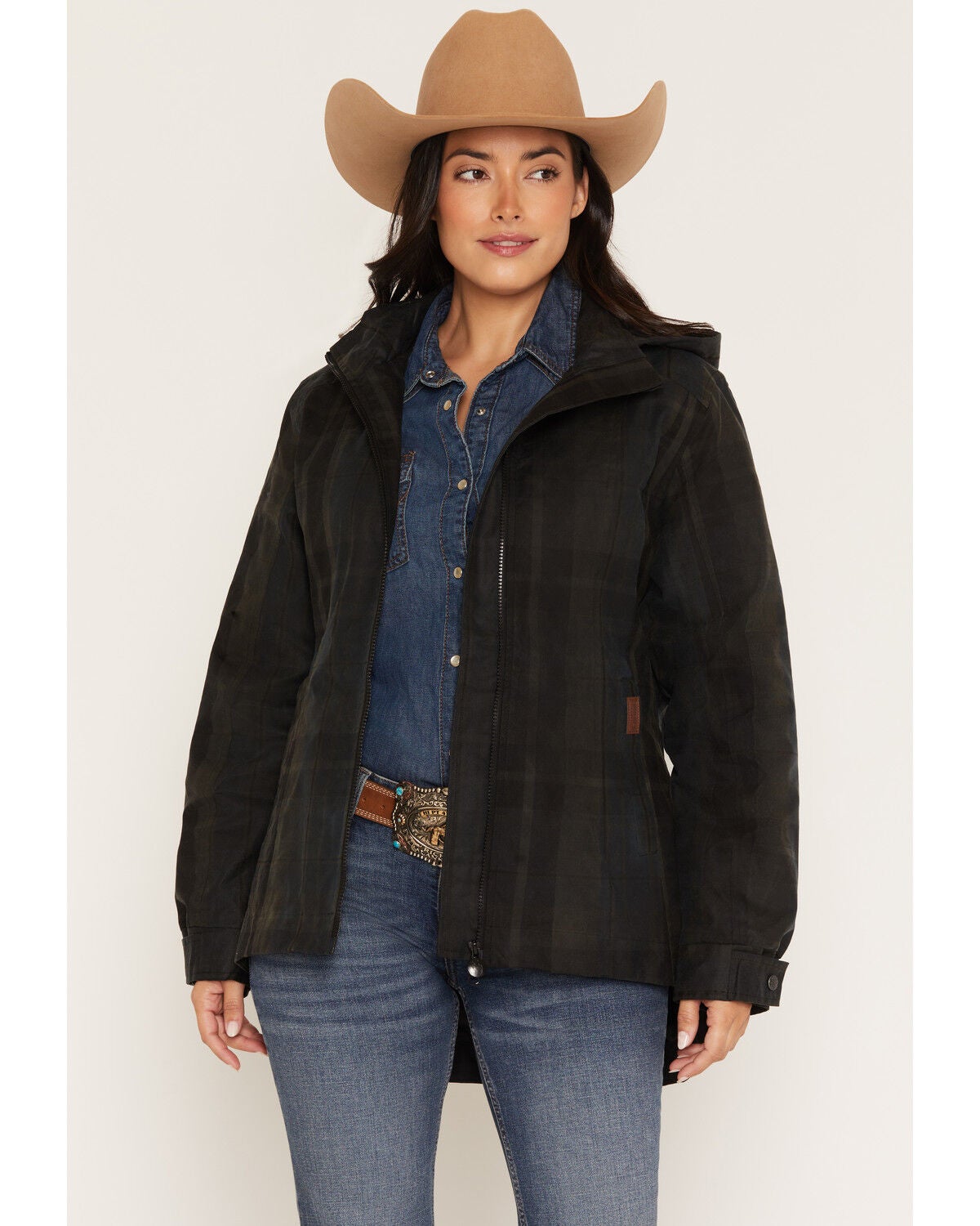 Outback Trading Co Women's Hattie Waxed Plaid Hooded Rain Jacket, Green, hi-res