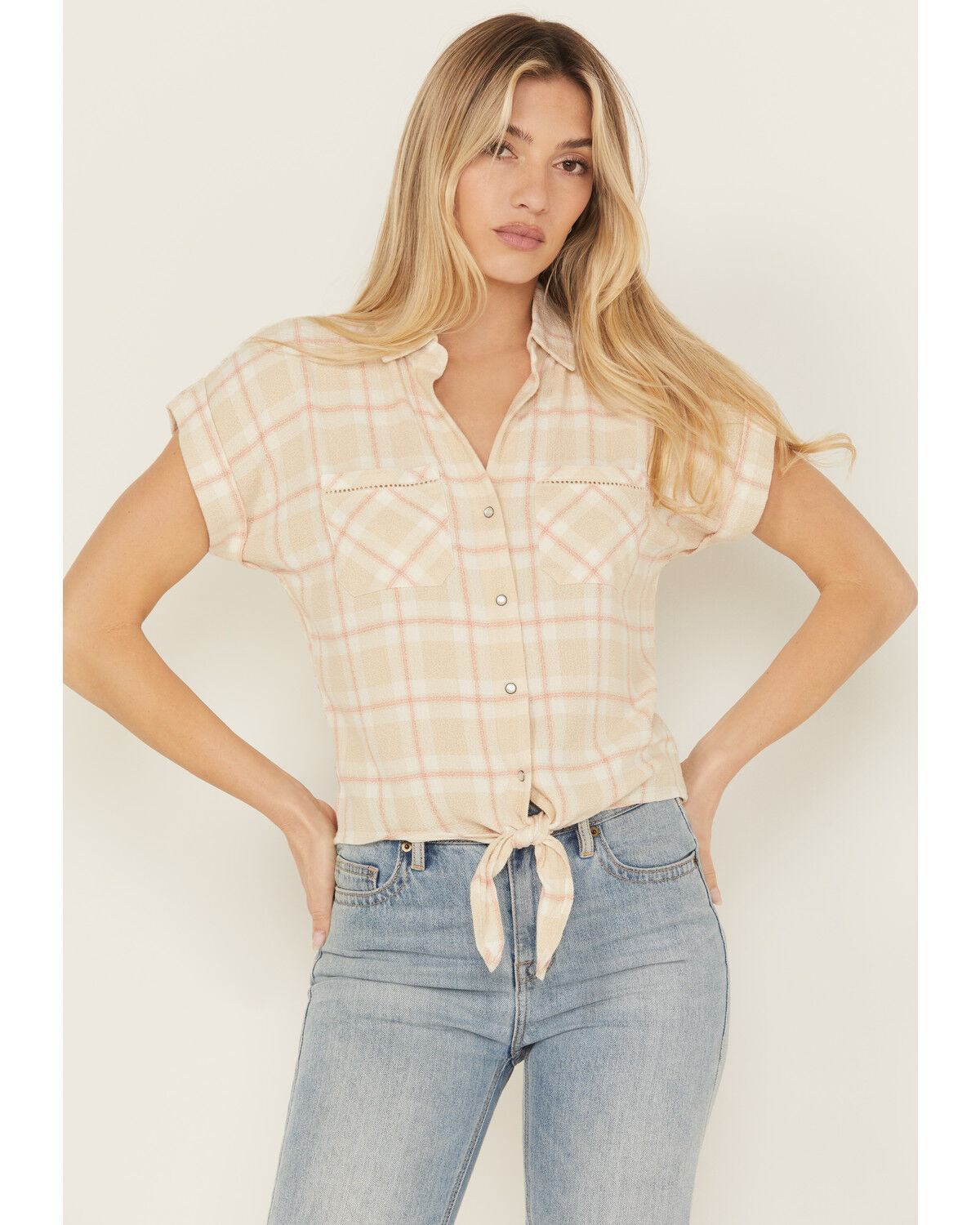 Image #1 - Shyanne Women's Plaid Print Tie-Front Camp Shirt, Sand, hi-res
