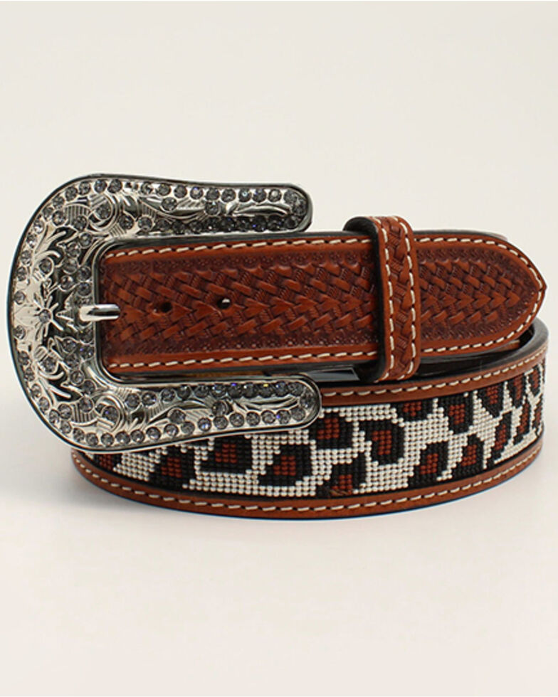 M & F Western Women's Basket Weave Leopard Belt , Brown, hi-res