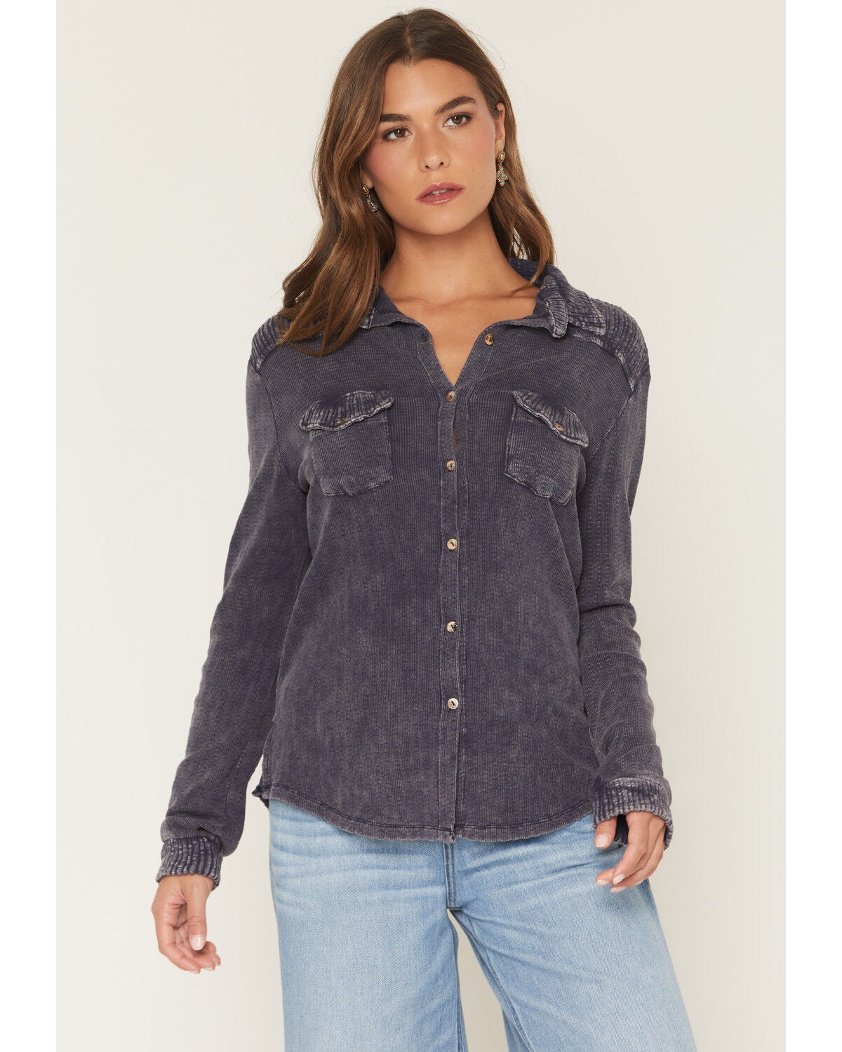 Wild Moss Women's Washed Lightweight Long Sleeve Button-Down Shirt, Navy, hi-res