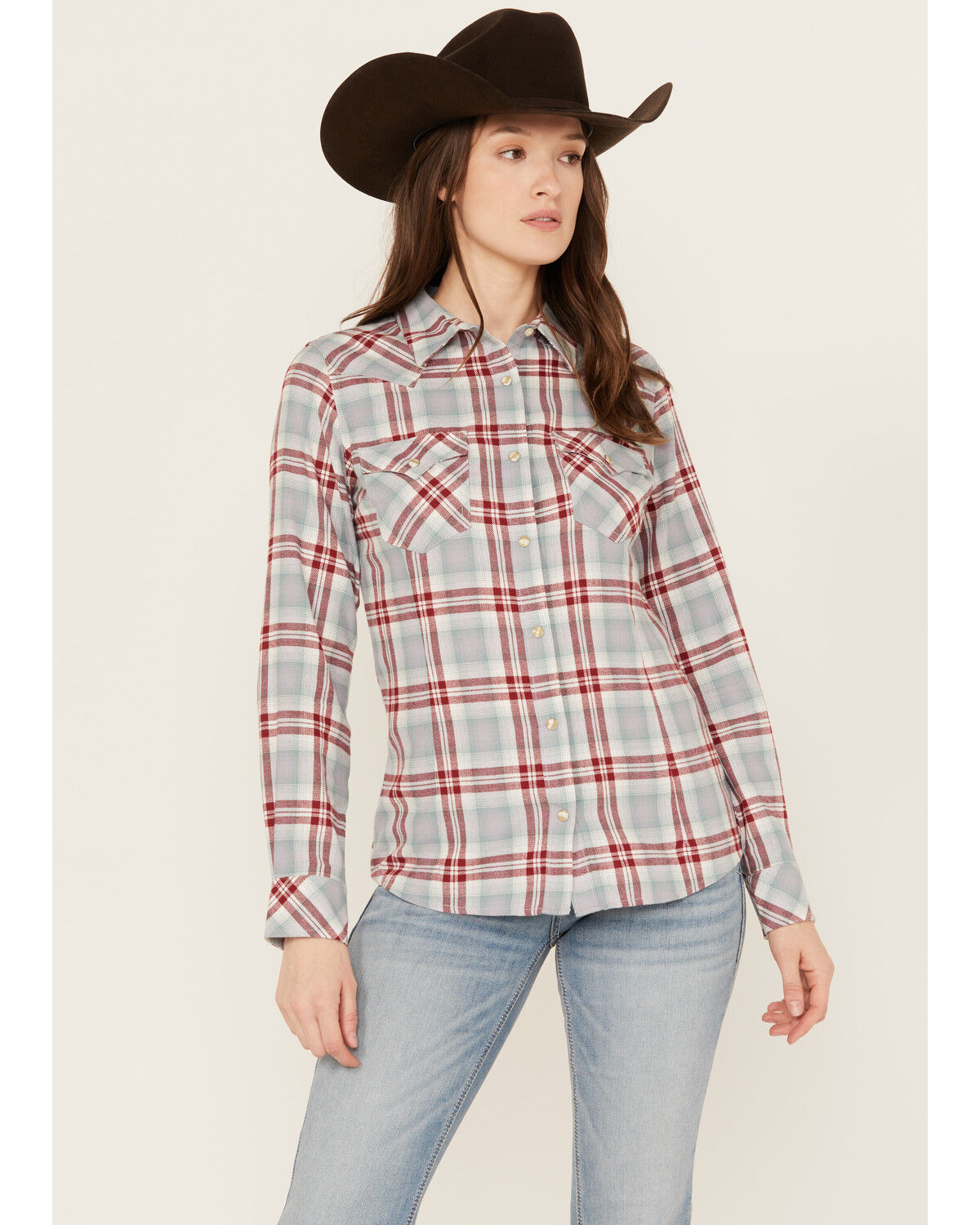 Image #1 - Wrangler Retro Women's Boot Barn Exclusive Long Sleeve Snap Western Flannel Shirt, Steel Blue, hi-res