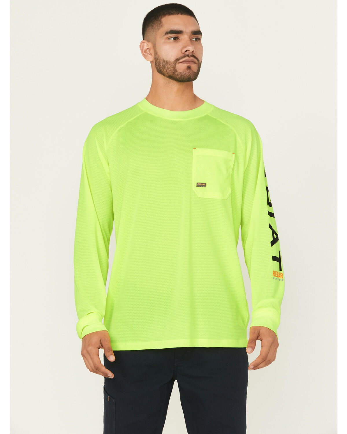 Image #1 - Ariat Men's Lime Rebar Heat Fighter Long Sleeve Work Pocket T-Shirt, Bright Green, hi-res