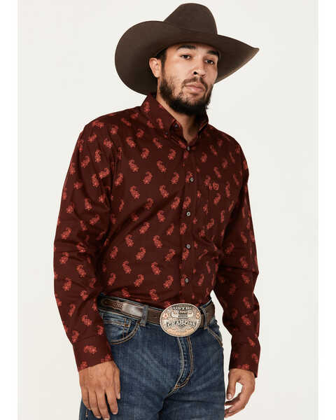 Image #1 - Panhandle Men's Select Paisley Pinstripe Long Sleeve Button-Down Western Shirt, Dark Red, hi-res