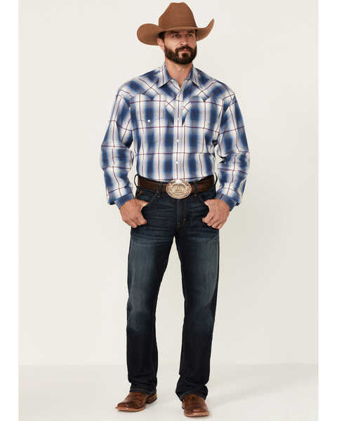 Stetson Men's Ombre Large Plaid Print Long Sleeve Snap Western Shirt , Blue, hi-res