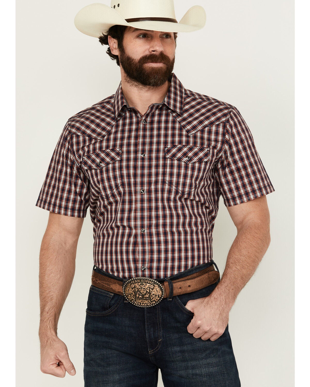 Cody James Men's Sammy Plaid Print Short Sleeve Snap Western Shirt, Red, hi-res