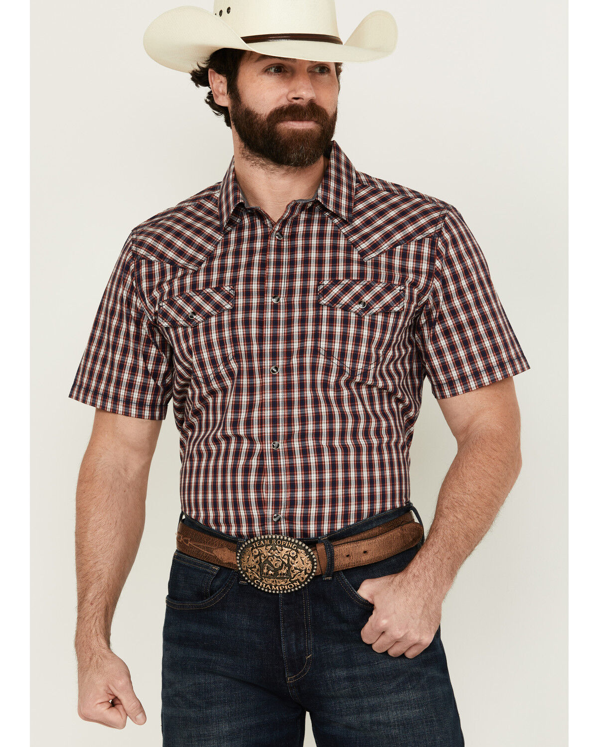 Image #1 - Cody James Men's Sammy Plaid Print Short Sleeve Snap Western Shirt, Red, hi-res