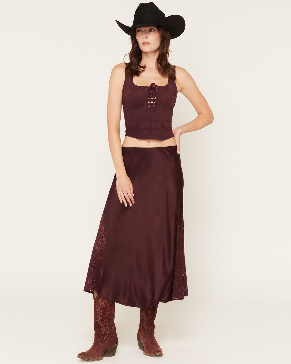 Image #1 - Idyllwind Women's Rita Satin and Lace Midi Skirt, Wine, hi-res
