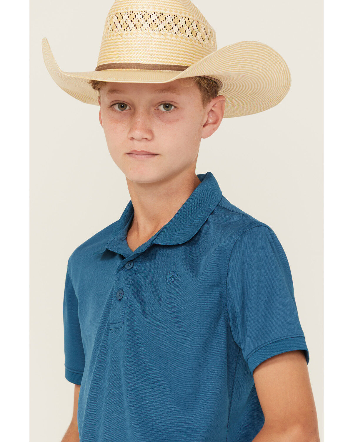 Image #2 - Ariat Boys' Tek Short Sleeve Button-Down Polo Shirt, Blue, hi-res