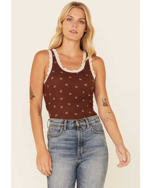 Image #1 - Wild Moss Women's Floral Print Ribbed Pointelle Tank Top, Brown, hi-res
