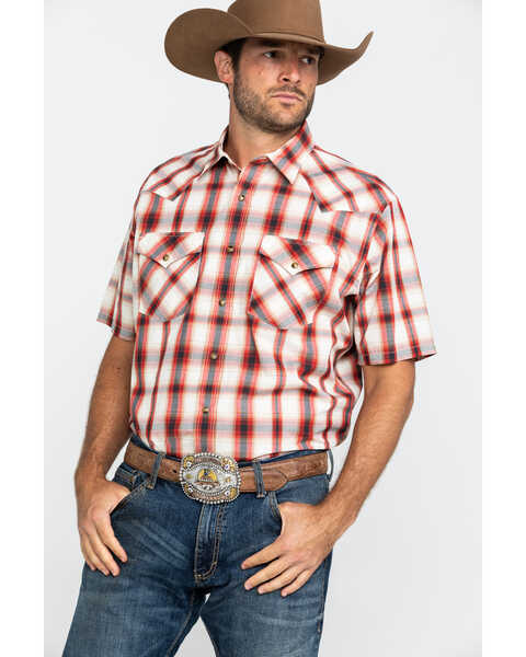 Pendleton Men's Frontier Plaid Print Short Sleeve Snap Western Shirt , Red, hi-res