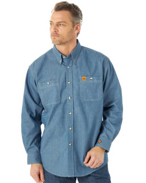 Wrangler FR Men's Chambray Long Sleeve Button Down Solid Work Shirt , Blue, hi-res