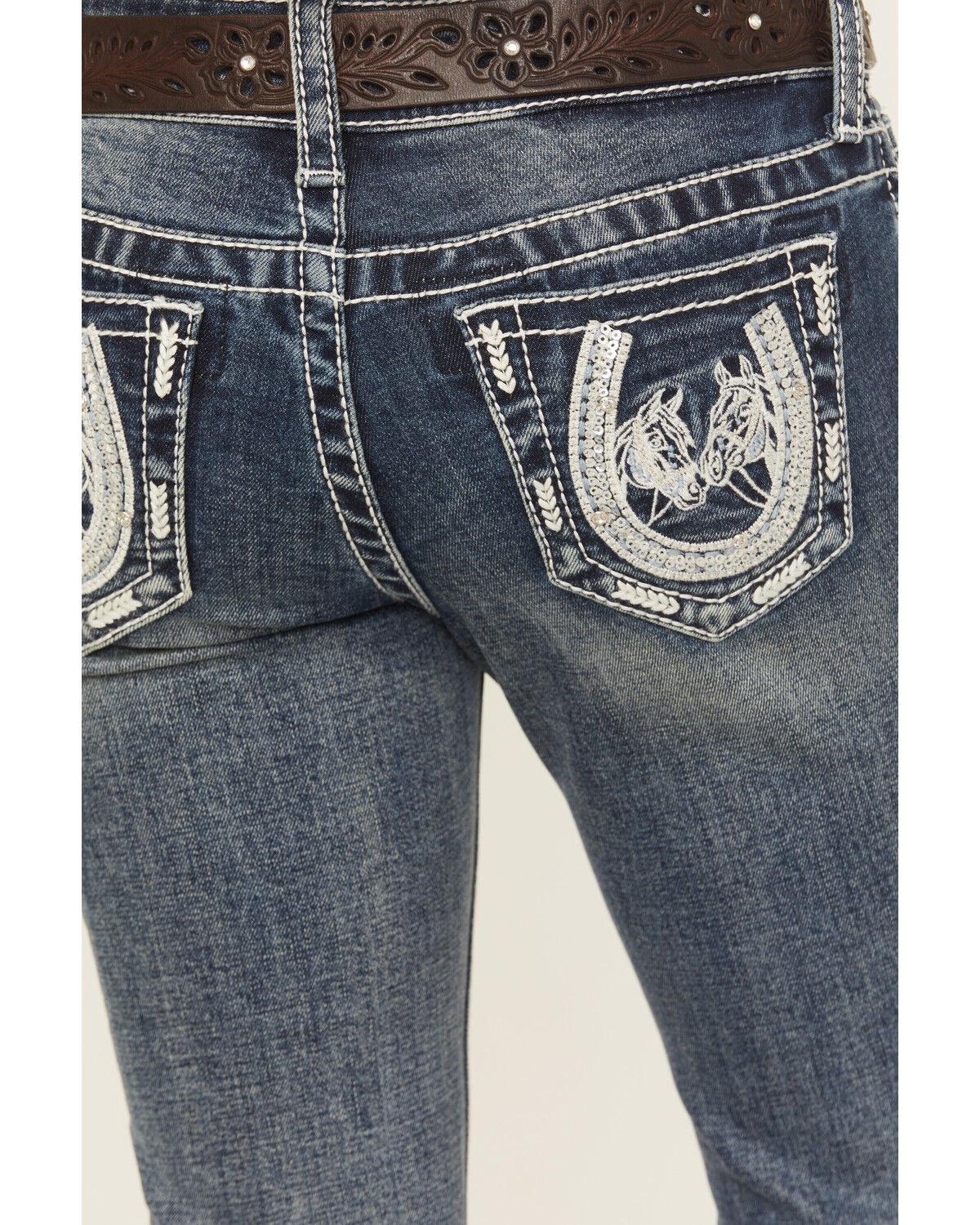 Image #2 - Grace in LA Girls' Medium Wash Horse Pocket Bootcut Stretch Denim Jeans, Medium Wash, hi-res